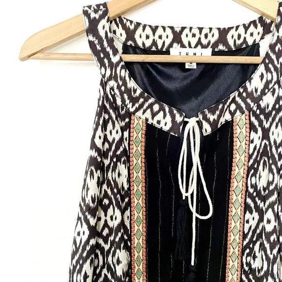 THML Embroidered Boho Tribal Sleeveless Women's Dress Medium V-Neck Tassels - Picture 2 of 9